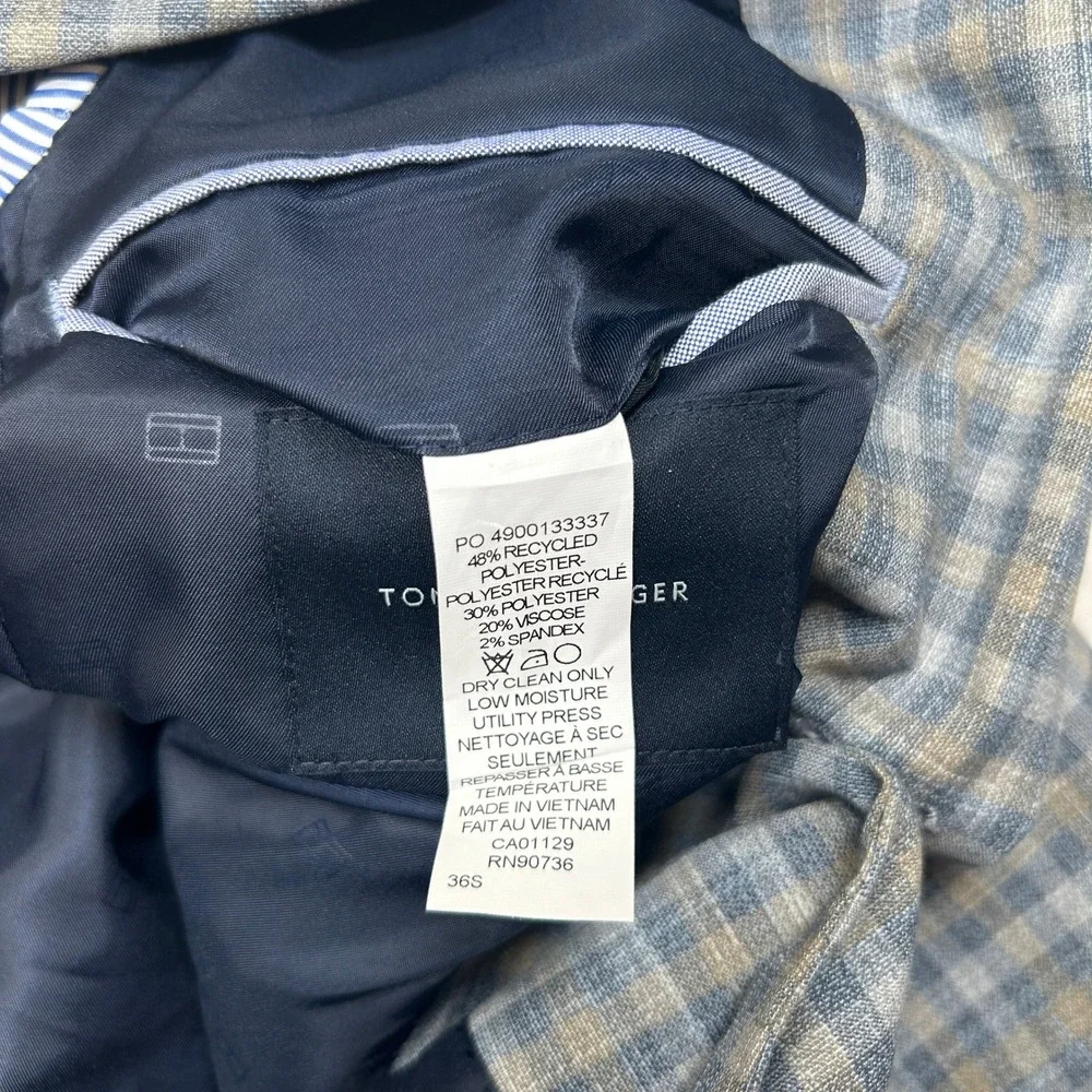 Tommy Hilfiger Check Sport Coat‎ Mens 36S 36 Blue Tan Plaid Flex $295 NEW